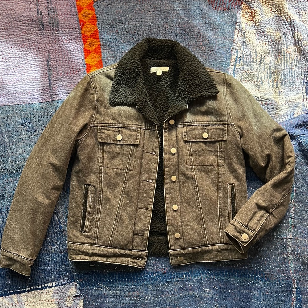 Honey Punch Black Grey Wash Denim Sherpa Fleece Jacket- XS